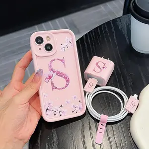 Letter S & Flower Pattern Phone Case with Charger Head Cover & Cable Protector & Storage Lanyard, Anti-drop Cellphone Protective Case for iPhone Accessories, Smartphone Protector, Shockproof Cellphone Accessory