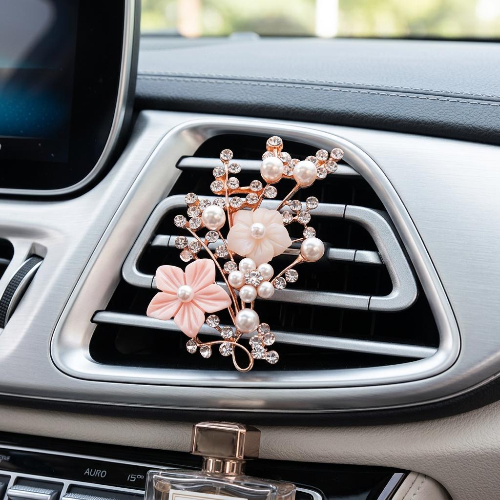 Sparkling Rhinestone Pearl Car Air Vent Freshener, Floral Auto Diffuser Clip,Cute Car Interior Decor for Women