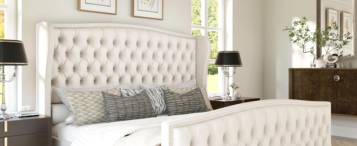 AMERLIFE Platform Bed Frame, Velvet Upholstered Bed with Deep Button Tufted & Nailhead Trim Wingback Headboard/Hardwood Slats/Durability&Sturdy/No Box Spring Needed/Queen/King/California King Size/Best Gift Ideas/Christmas Gifts