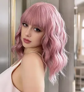 Bob Wig with Bangs for Women Shoulder Length Curly Synthetic Wigs Natural Look Daily Use Colorful Pink Wigs