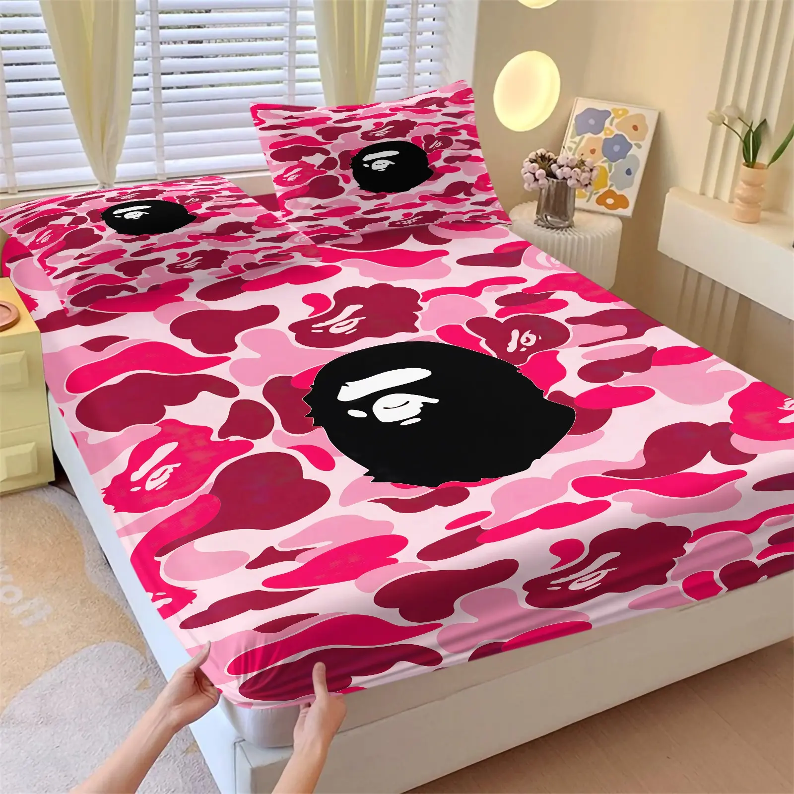 Pink Camo Cartoon Gorilla Head Fitted Sheet Set and 2 Pillowcases No Core, ABC Camouflage & Iconic Ape Head Logo, Soft Anti-Slip Wrinkle-Resistant Bedding, Cute Bedding, Sweet Cool Trendy Bedroom Decor, Gift for Fans
