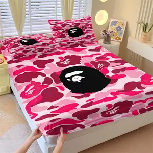 Pink Camo Cartoon Gorilla Head Fitted Sheet Set and 2 Pillowcases No Core, ABC Camouflage & Iconic Ape Head Logo, Soft Anti-Slip Wrinkle-Resistant Bedding, Sweet Cool Trendy Bedroom Decor, Gift for Fans