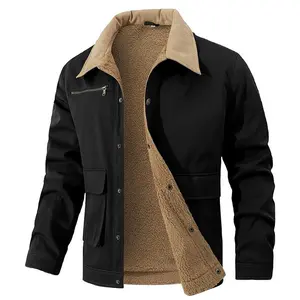 Men's Sherpa Lined Jacket, Warm Fleece Lined Trucker Jacket, Casual Canvas Work Coat with Corduroy Collar & Pockets, Winter Thick Button Down Outerwear