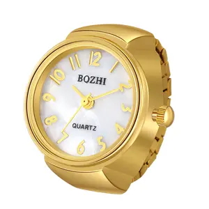 OIDEA Shell Dial Elastic Stretch Band Ring Watch Gold Tone Ladies Quartz Finger Watch 1ATM