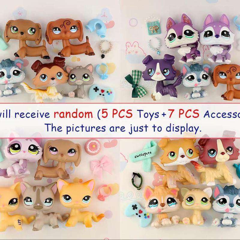5PCS Random Miniature Cat and Dog Figures and Random 7pcs Accessories for LPS Collection Collectible Soft Animal Cute Animal Design