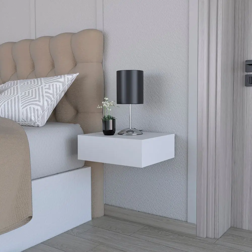 Isola White Wood Floating Base Wall Mount Bedside Table - Indoor Furniture Nightstand for Bedroom