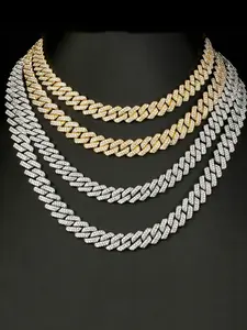 Rhinestone Cuban Link Chain Necklace, Hip Hop Streetwear Jewelry, Rhombus Design, Full Drill Double Row, Trendy Accessory