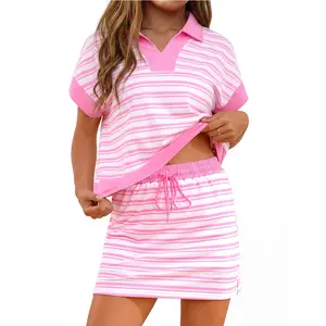 EncoLax Womens Striped 2 Piece Outfits Skirt Set Summer Casual Short Sleeve Polo Skort Workout Set Matching Lounge Sets