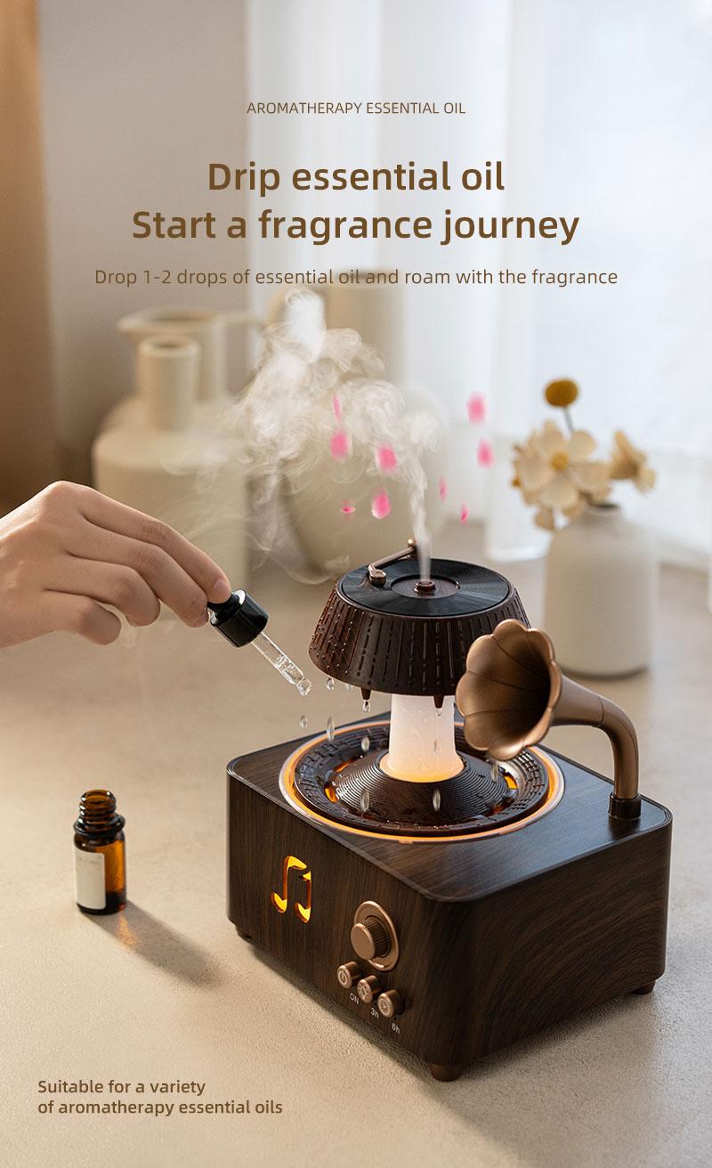 Aromatherapy Diffuser, 250ml Rotating Raindrop Record Player Design Essential Oil Diffuser & Water Mist Humidifier, Ultrasonic, Wood Grain with Remote Control, Colorful LED Night Light, Timer for Bedroom Home Office Decor