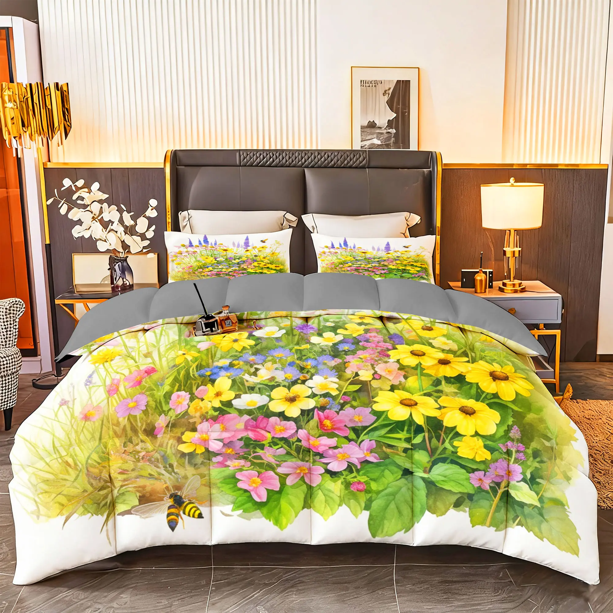3pcs (1 comforter + 2 pillowcases) Microfiber Bedding Set All-Season Soft Cozy Hypoallergenic, Wrinkle & Fade Resistant, Easy - Care, Queen/King/Full/Twin Size, Watercolor Wildflower Pattern, Home/Guest Room/Dorm Decor