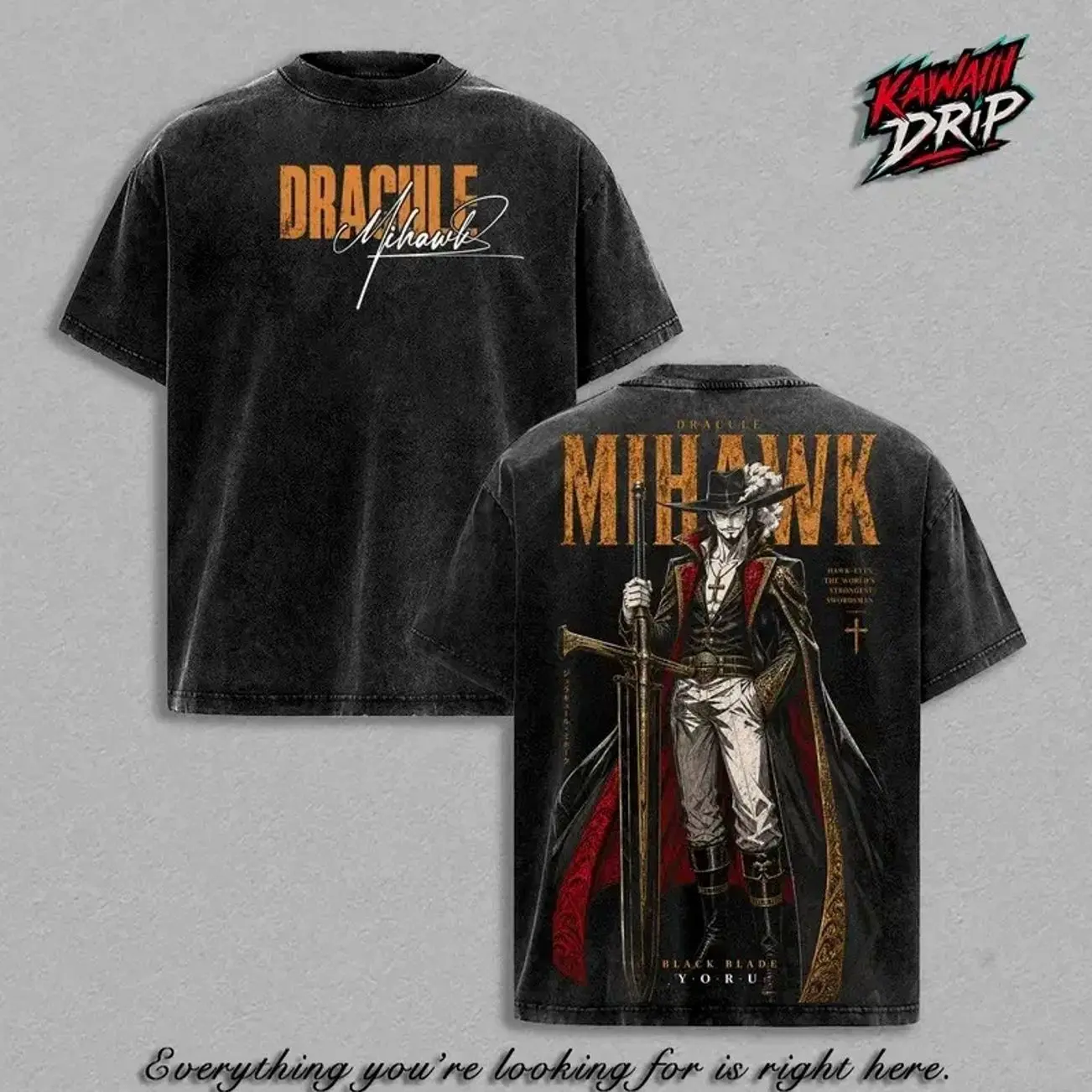Dracule Mihawk One Piecee Vintage Washed Anime T-Shirt Hawk Eyes Strongest Swordsman Graphic Tee Oversized Heavyweight Cotton Shirt Unisex Manga Streetwear Top Gift for One Piecee Fans CR8