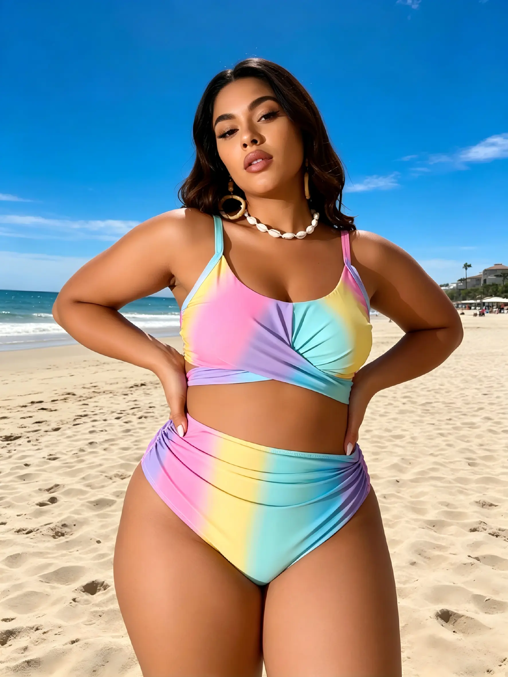 Women's Ombre Gradient Bikini Set High Waisted Tummy Control Two Piece Swimsuit Ruched Wrap Top Pastel Colorful Bathing Suit Summer Beachwear