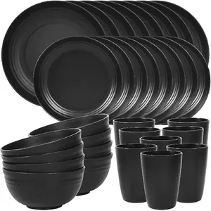 32 Piece Plates and Bowls Sets for 8, Unbreakable Dinnerware Sets, Dish Set for Camping, Dishwasher Microwave Safe, Outdoor Kitchen and Apartment Dinning RV Essentials, Black
