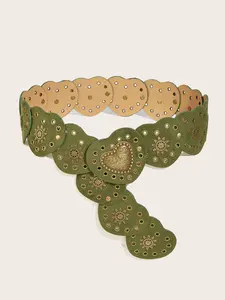 Olive Velvet PU Leather Belt, Wide Punk Style Waistband, Metal Eyelet Decor, Perfect for Dresses, Casual Pants, Skirts, Adjustable Strap Belt