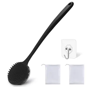 Dual-Sided Silicone Shower Brush - Long Handle Back Scrubber for Exfoliation & Massage, Creates Rich Lather, Includes 1 Hook & 2 Lather Balls (Black).