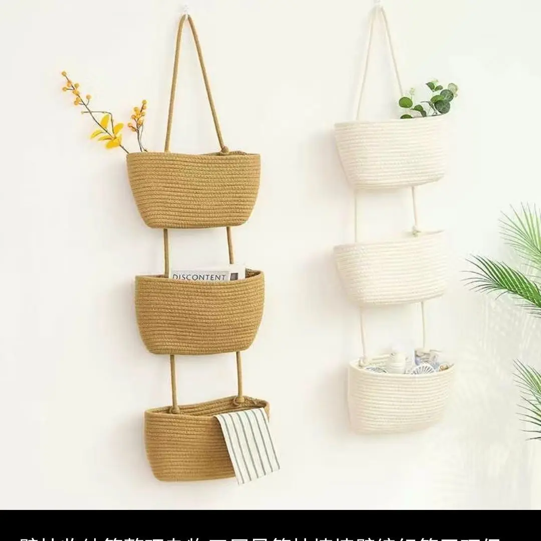 Wall-Mounted Woven Storage Basket Bag, 3-Tier Home Organizer Shelf Basket