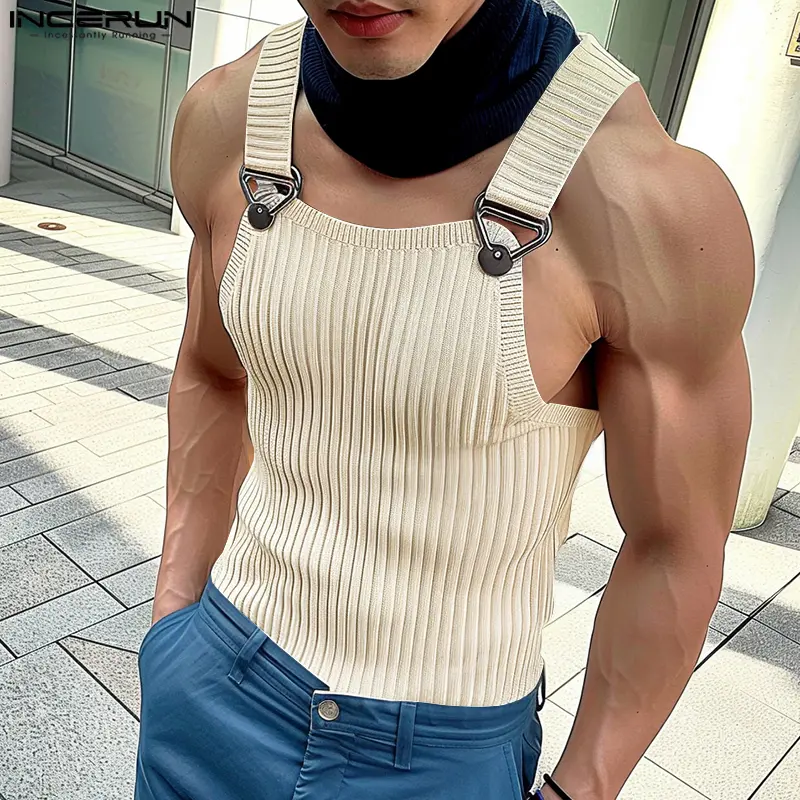 INCERUN Men's Ribbed Fabric Vest - Well-Fitting Sleeveless Knit Tank Top, Pit Strap Undershirt for Summer Casual Wear