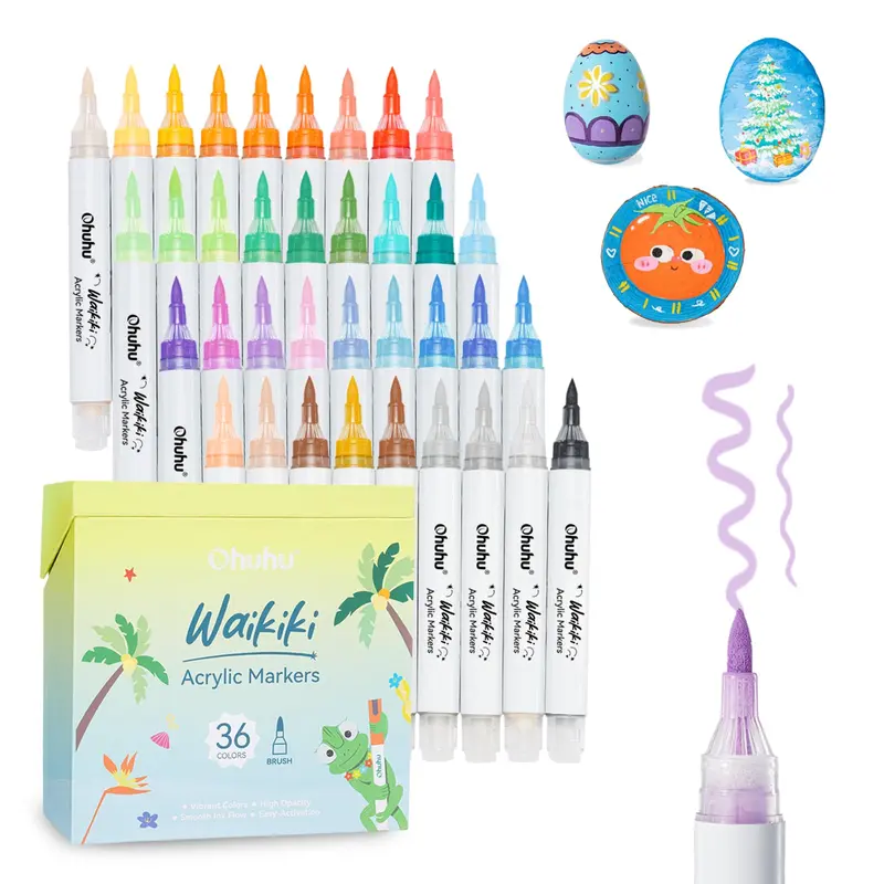 Ohuhu Acrylic Paint Markers: Brush Tip - 36 Colors - Top Pump Acrylic Paint Markers Paint Pens Excellent Coverage Acrylic Markers Waterproof Lightfast for Rock Painting 3D Prints Egg Wood Glass Ceramic DIY Crafts - Waikiki Series of Ohuhu