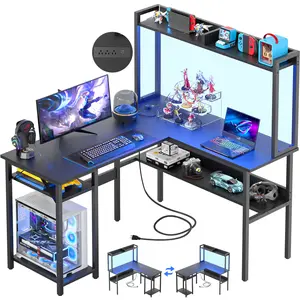 Homieasy L Shaped Gaming Desk with LED Strip and Power Outlets, Reversible L-Shaped Computer Desk with Storage Shelves, Corner Desk with Hutch, 2 Person Home Office Desk