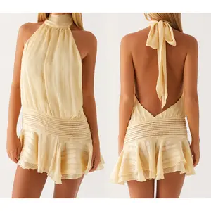 Women Mini Halter Neck Dress Pleated Sleeveless Open Back A-line Layered Ruffle Short Dress