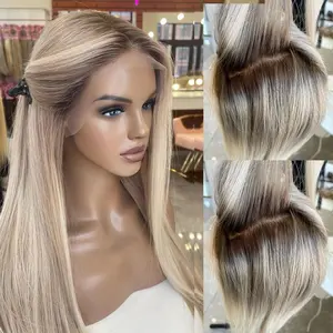 Balayage Blonde Ombre Wig Human Hair with Dark Roots Pre Plucked Platinum Ash Blonde Light Brown Highlight 13x4 UHD Lace Front Wigs for Women Straight Virgin Hair