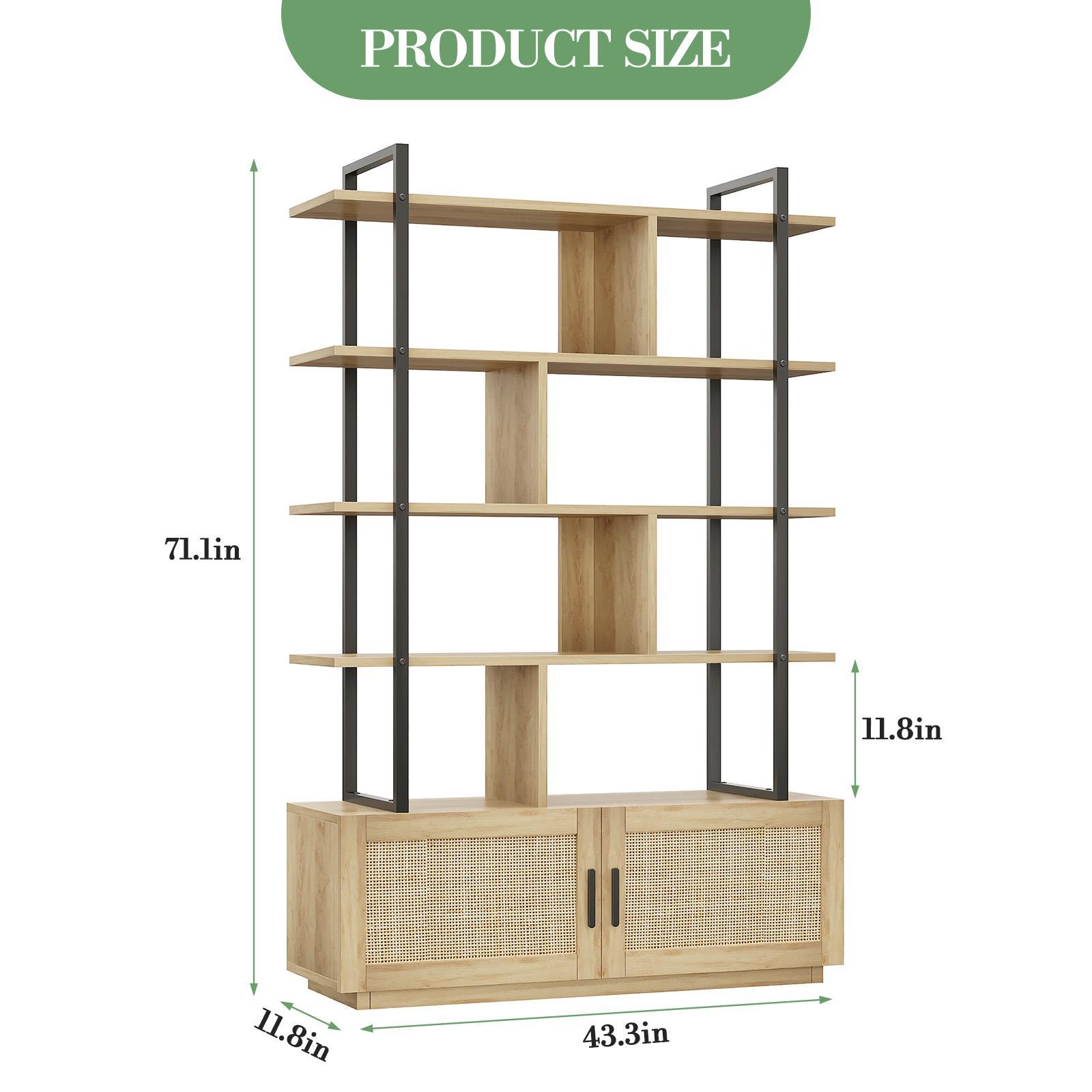 71.1" Tall 5-Tier Rattan Bookshelf with Cabinet Doors, Large Farmhouse Wooden Bookcase with 7 Open Shelves, Modern Storage Organizer for Living Room & Home