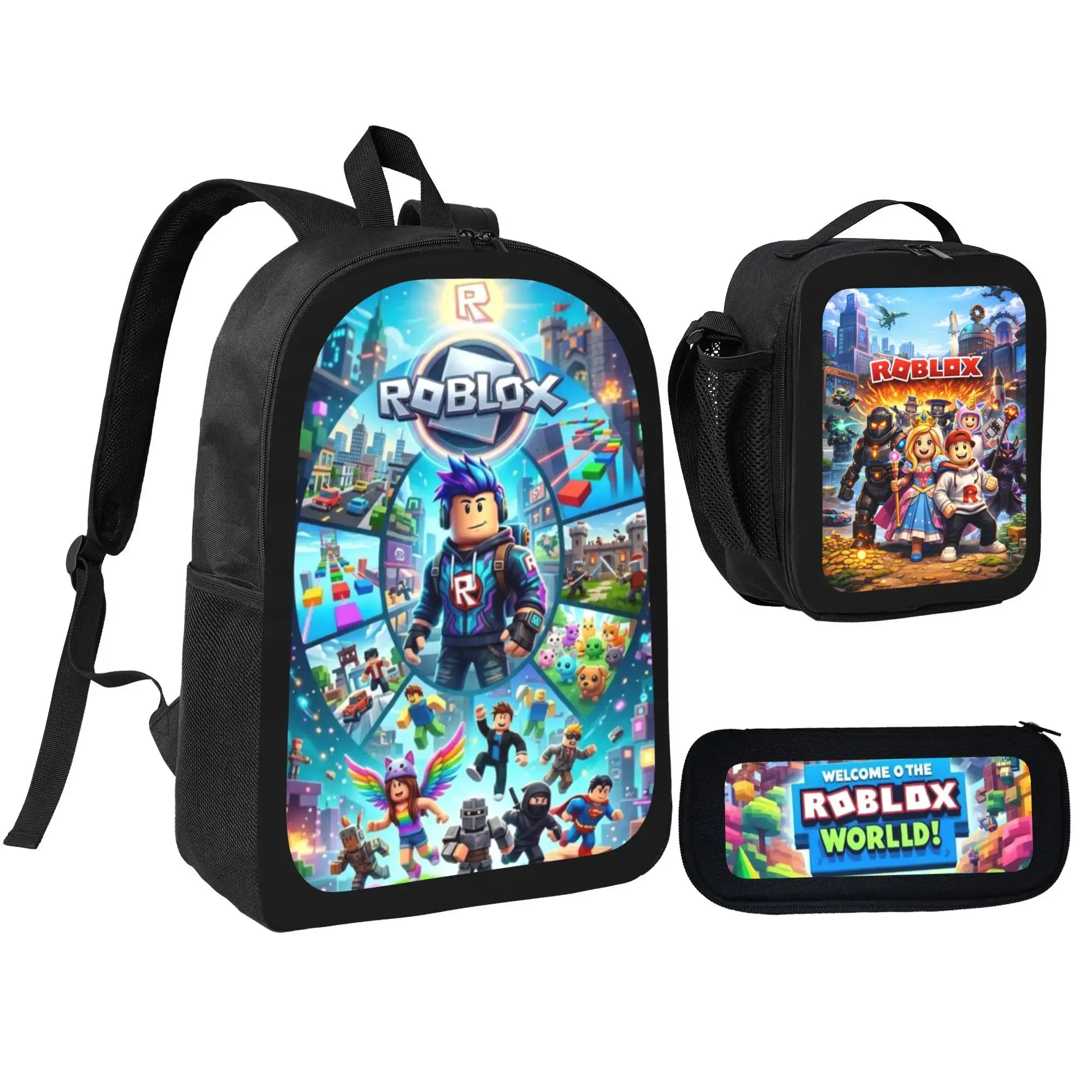 Roblox 3-piece backpack set (includes lunch bag and pencil case)—suitable for school, work, sports, and picnics. This classic laptop backpack doubles as a travel daypack and stationery organizer; a back-to-school essential.