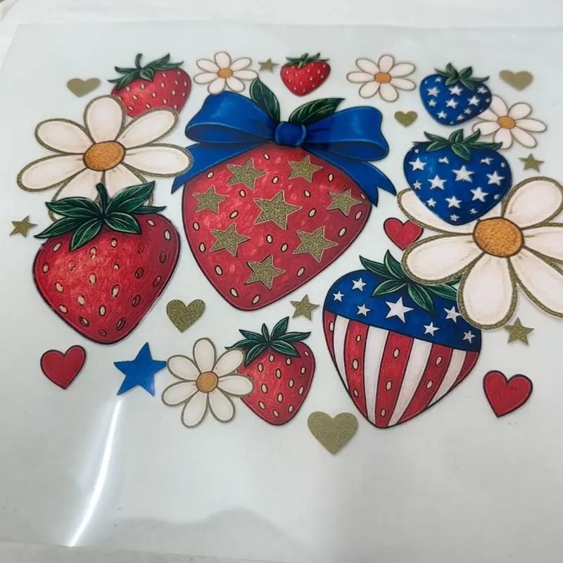 Patriotic Strawberry DTF Print Faux Glitter USA Coquette Independence Day Girly Graphic Women's Wear Soft Summer Fruit Floral Design 9" Wide Heat Press Transfer