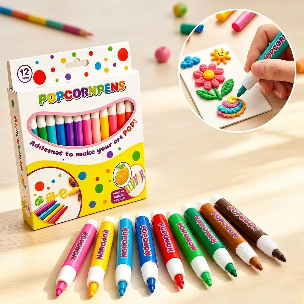 12-Color 3D Popcorn Drawing Pens Colorful Set - Heat-Activation Puff Effect Puffy Paint Markers for Kids, DIY Bubble Art Supplies for Greeting Cards, School Projects