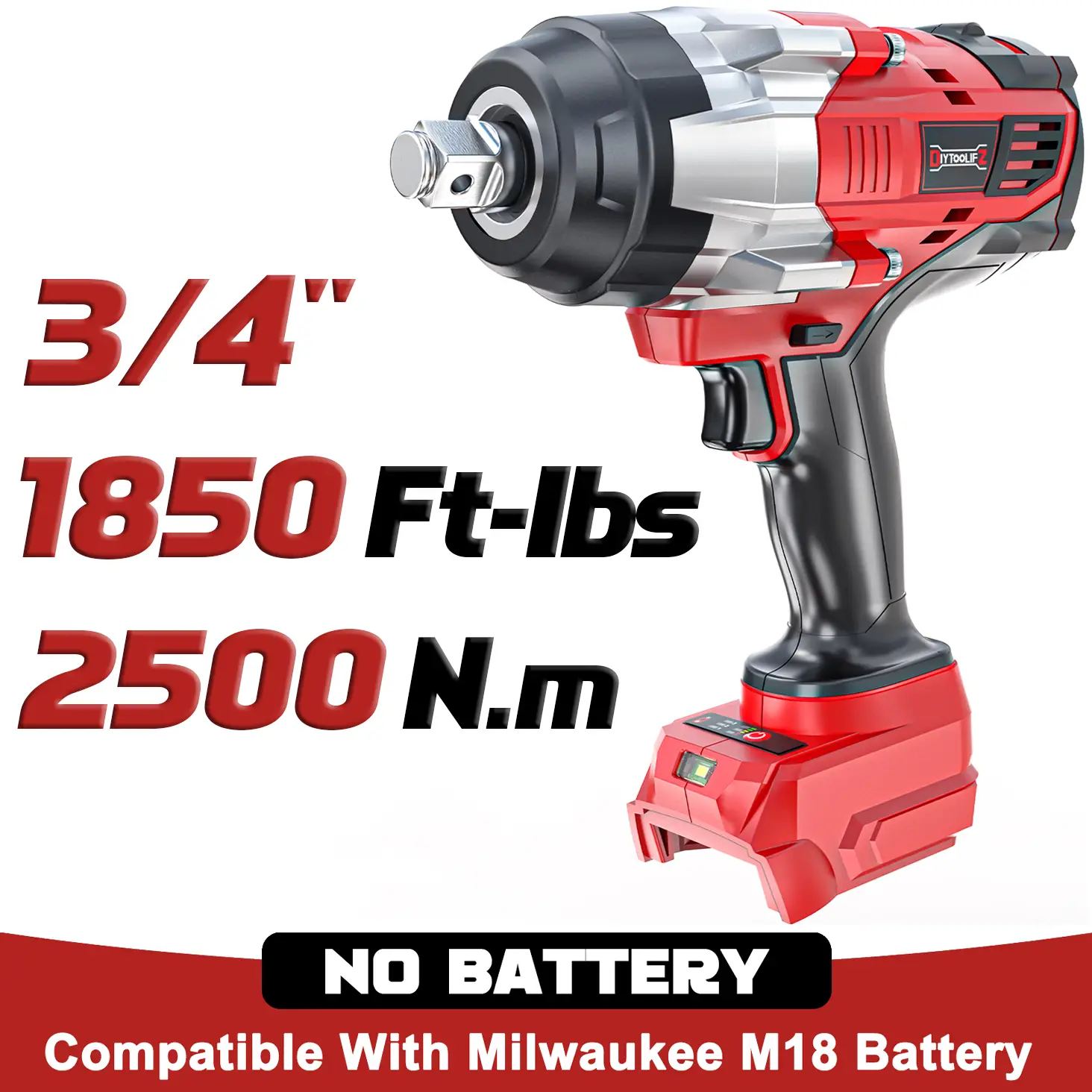 1850Ft-lbs (2500N.m)-3/4"Impact Wrench for Milwaukee M18 Battery (NO Battery!!!), Brushless Impact Gun 4-Speed with Auto-Stop Reverse for Car/Truck
