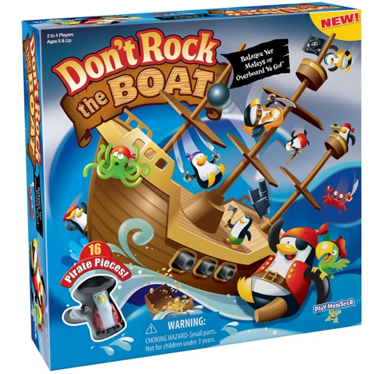 Playmonster Don't Rock The Boat Action Board Game - 2-4 Players, Featuring Octopus, Anchor, Treasure Chest, Crabs, Fun Pirate Penguins, Pirate Penguins for School Activities