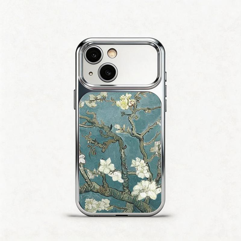 Glass Shockproof Electroplated Silver/Black Branch Flower Oil Painting iPhone 17ProMax Cover Precise Hole Alignment For Lens Frame 15ProMax Anti-yellow | 14ProMax Anti-fall | 13ProMax Ultra-thin Design 16ProMax AirPhoneCase