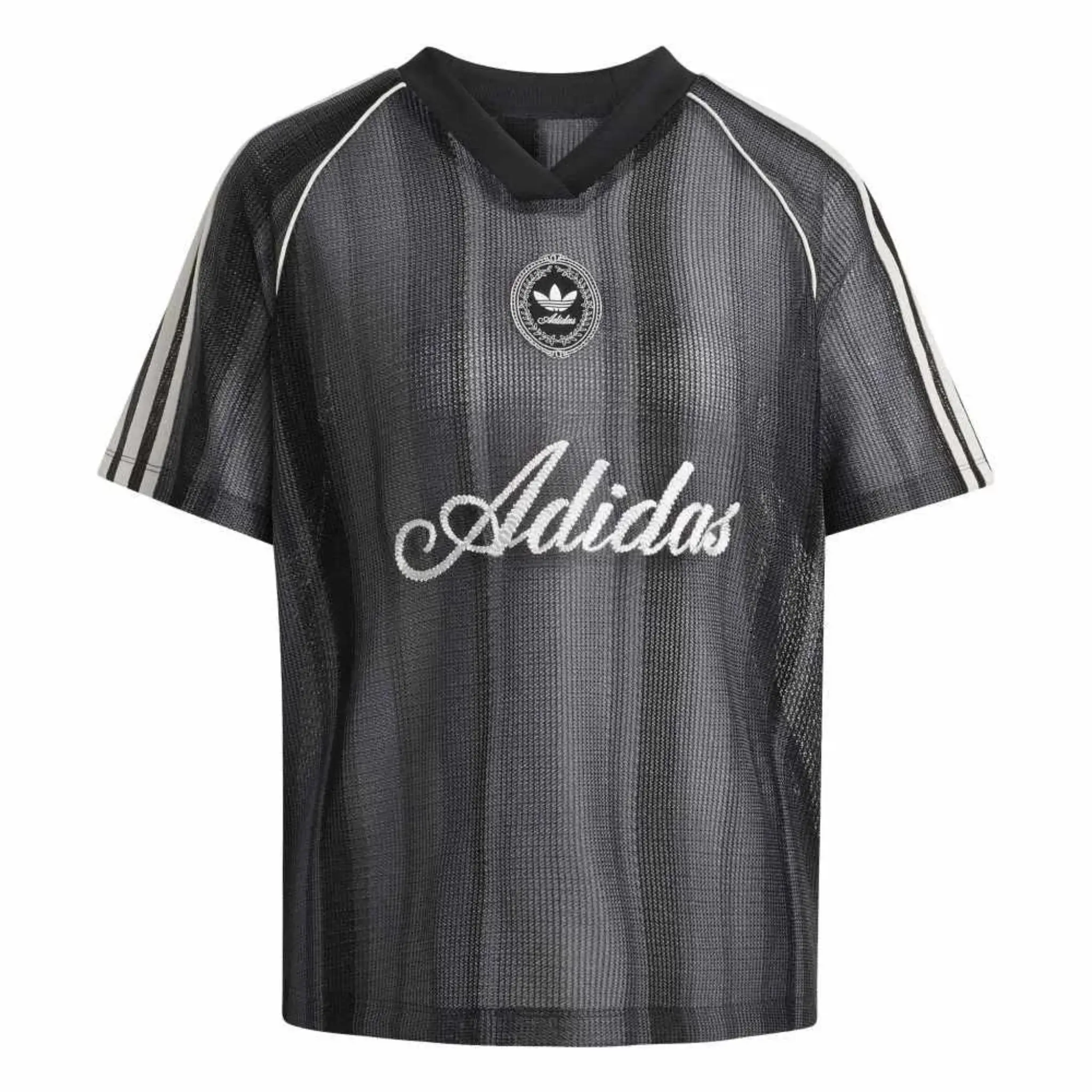 Adidas Originals Women's Black Deep V-Neck Knitted Fabric Oversized Summer Glow Jersey Top - Sporty Chic Football Fashion, KY3163, Embroidered Sports Shirt