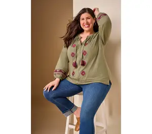 Belle Boho by Kim Gravel Slub Knit Embroidered Peasant Top