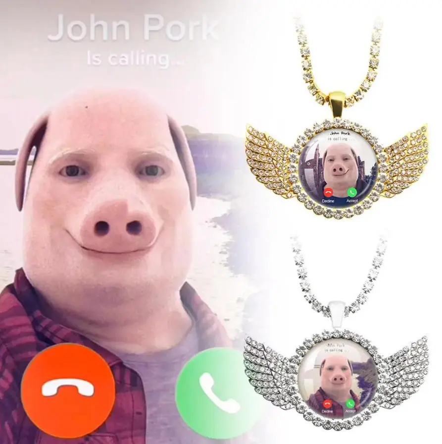 Funny Pig 14K Gold Plated Simulated Gem Tennis Necklace - John Pork Call Graphic, Fun Homage, Funny Accessories, Pig Graphic, Casual Wear, Ideal for Womens Gifts Humorous Design