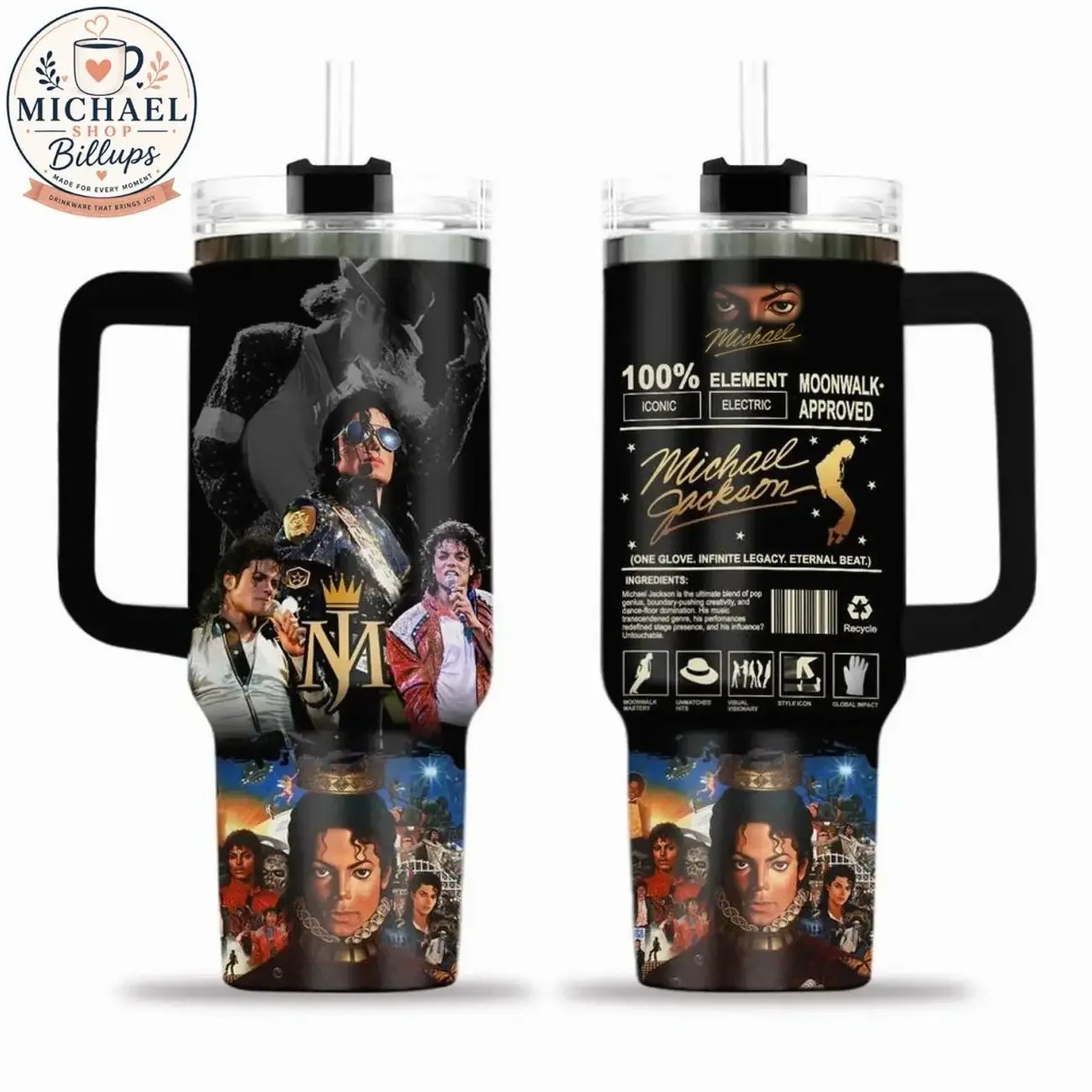 King of Pop 2026 Limited Edition Michael Jackson Tumbler – Moonwalk Approved Design, MJ Collage & Iconic Typography Print, 20oz/40oz Stainless Steel Insulated Travel Mug with Handle, Gift for Fan, Pop Culture Flask, Michael Jackson Mug