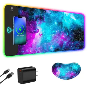 RGB Gaming  Pad, 15W LED  Mat with 30W Charger, 14 Light Modes Large Mousepad with Wrist Support, Non-Slip Rubber Base Desk Mat Computer Keyboard Pad, Galaxy Nebula