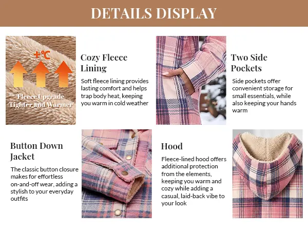 ZEAGOO Women's Plaid Flannel Fleece Shacket - Casual Boyfriend Fit, Long Sleeve, Button Closure, Hooded, Loose Cropped Jacket, Warm Comfortable Everyday Tops