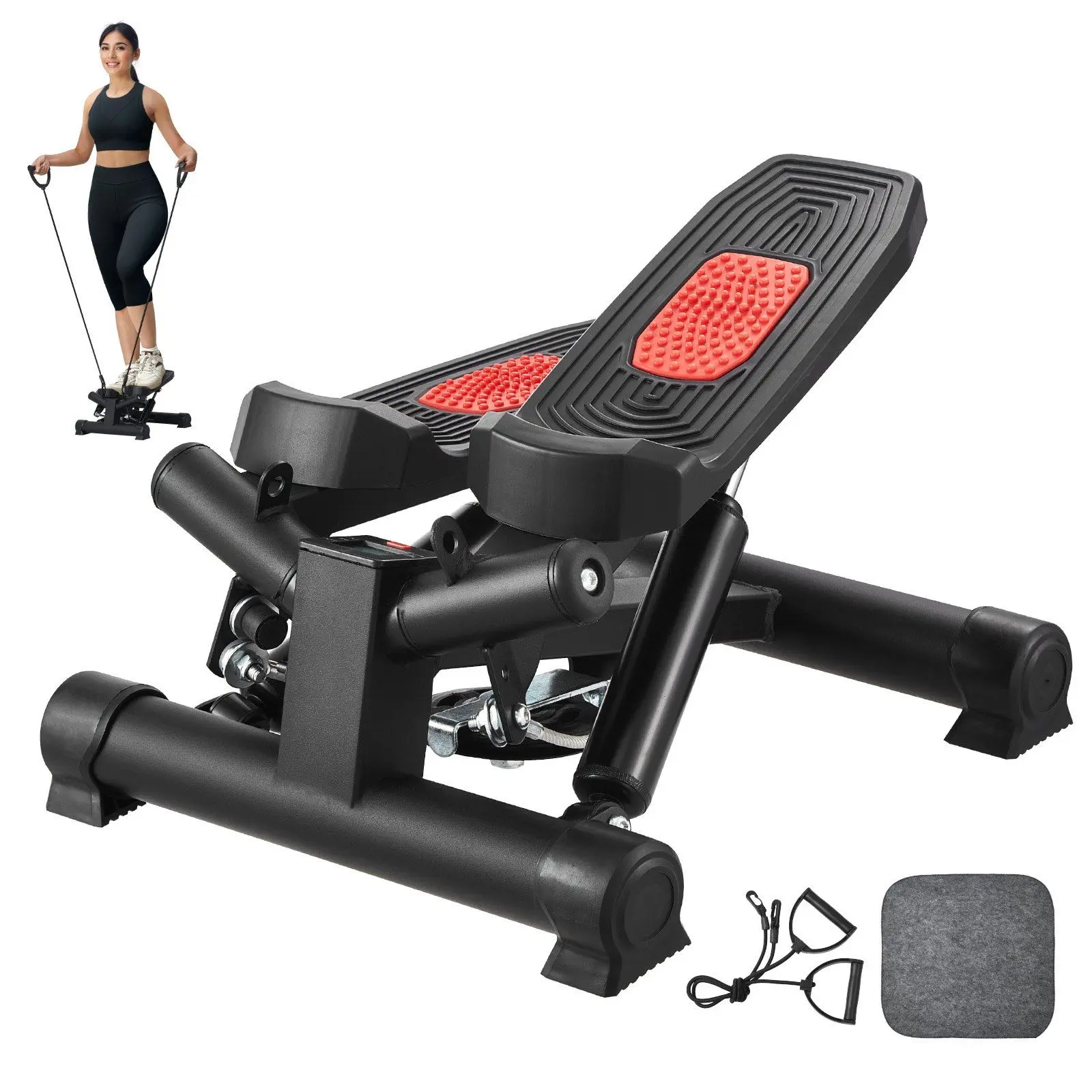 VEVOR Sturdy Mini Twisting Motion Step Machine, Home/Office Gym Stepper with Resistance Band Set, Adjustable LED Display, 330lb/150kg Capacity & Tension Knob