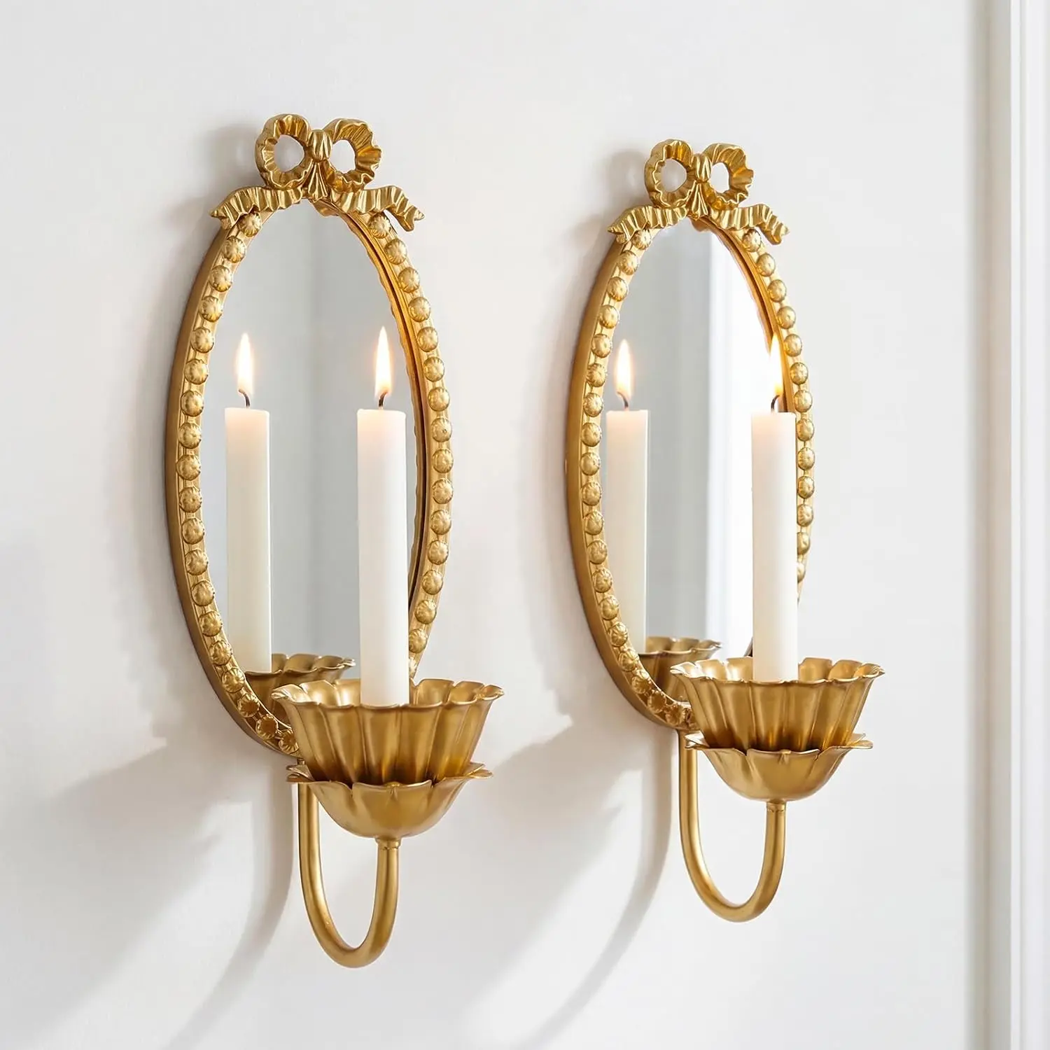 2-Piece Retro Decorative Antique Gold Brass Wall-Mount Lotus Candle Holder Set, Ornate Metal Bow-Oval Hanging Mirror Candlesticks for Vintage Home Living Room Decor, Ideal Gift, Wall Decoration, Mirror Center
