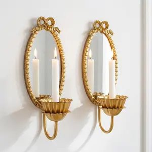 Set of 2 Antique Gold Brass Wall Sconce Mirror Lotus Candle Holder Metal Bow Style Ornate Oval Hanging Wall Mirror Candlestick Holders for Vintage Home Living Room Bedroom Decor