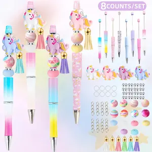 Unicorn Themed Silicone Beaded Pen Set, 8 Counts/set Beaded Pen with Chain & Pendant, DIY Writing Pen for Students Gift Office School