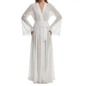 Sheer Bell Sleeve Ruffled Trim Long Robe with Self-Tie Waist