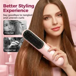 Go Brush Pro for Short Hair, 2026 Upgraded Cordless Hair Straightening Brush Portable, Fast Heated Brush USB-C Rechargeable, Adjustable Ionic Hair Brush Travel (Pink)