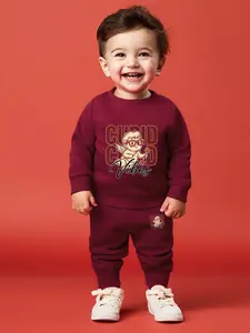 Baby Boys Long Sleeve Round Neck Sweatshirt Set, Valentine's Day Cartoon Cute Heart Letter Print, Casual Fitted Pants, All Seasons