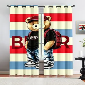 Handsome teddy bear pattern, 2-piece curtain set, suitable for living room, balcony, and bedroom windows, perfect for home, seasonal, holiday room decoration