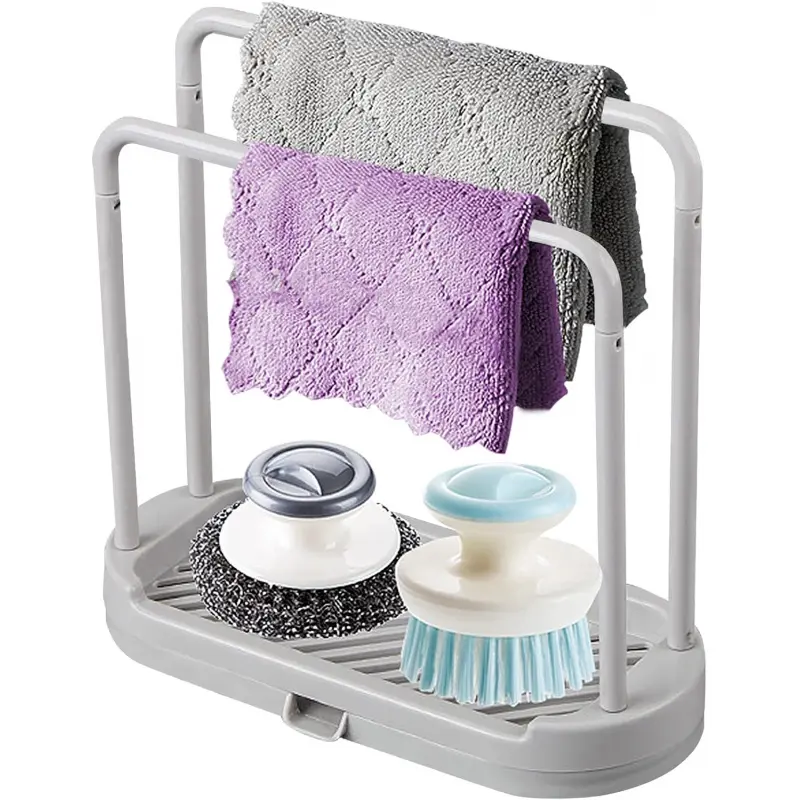 Hollow Polypropylene (PP) Hanger U-Shape Kitchen Sink Organizer - Compact Wipe-Clean Plastic Rack Tray Stand with Fast and Smooth Drainage for Sponge, Dishcloth, Brush Storage (Grey)