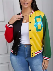 Women's Colorblock Letter Print Button Front Varsity Jacket Coats, Fashion Casual Drop Shoulder Long Sleeve Mock Neck Outerwear for Daily Outdoor Wear, Women Clothes for Spring & Fall, Fall Clothes 2024, Everyday, Womenswear, Piece, Lady