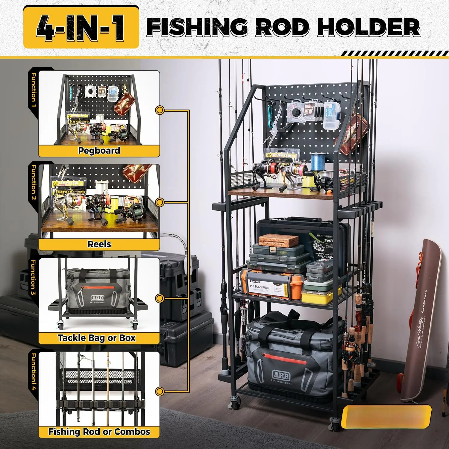 Fishing Rod Holders for Garage, 3-Tire Fishing Pole Rack with Pegboard and  Hooks, Fishing Gear Tackle Box Organizer Up to 12 Rods, Rolling Fishing  Storage Cart with Lock Wheels - TikTok Shop