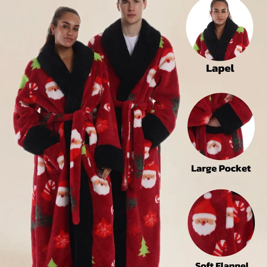 Christmas Luxury Elegant Full-Print Collared Shower Flannel Bathrobe Blanket, Hooded Belted Pockets, Unisex, Soft Comfort, Fall Winter